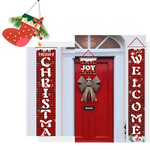 Detail of red and black buffalo plaid Christmas porch banners with Merry Christmas text
