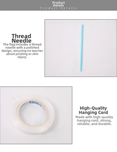 Close-up of blue plastic threading needle and white satin ribbon for party banners