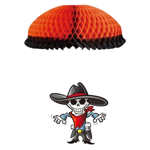 Halloween honeycomb paper hanging decoration with a skeleton cowboy and orange parachute