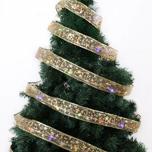 Golden Christmas tree ribbon with multicolor LED lights and star moon patterns