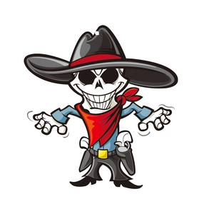 Detail view of a cartoon skull cowboy sticker with a black hat and red scarf graphic