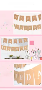 Detail of kraft paper dovetail pennants with white Happy Birthday lettering for parties