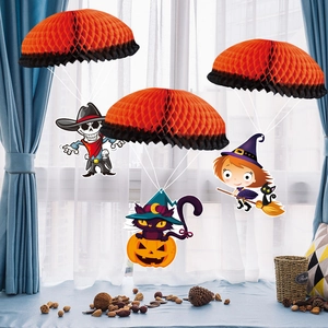 Halloween parachute hanging decorations with skeleton witch and black cat paper cutouts