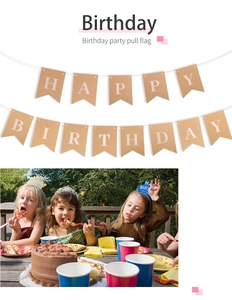 Detail of kraft paper Happy Birthday bunting banner with kids at a garden party