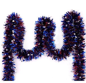 Detail of red white and blue July 4th tinsel garland with shiny silver stars