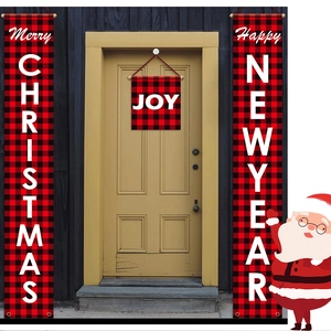Detail of red and black buffalo plaid Christmas porch banners with Merry Christmas text