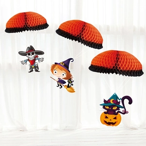 Three Halloween parachute hanging decorations with skeleton, witch and black cat figures