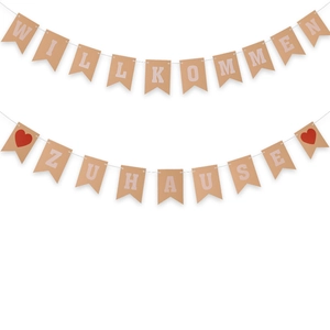 German Willkommen Zuhause welcome home party banner with white letters and red hearts