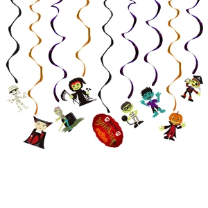 Detailed view of Halloween spiral ornaments with cartoon pumpkin, vampire, and mummy cards
