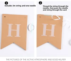 Detail showing assembly of brown kraft paper Happy Birthday banner with white ribbon