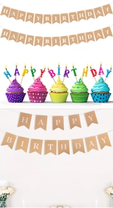 Detail of kraft paper Happy Birthday banner with matching colorful letter cupcake toppers