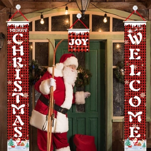 Christmas porch banners set with Merry Christmas text on red and black buffalo plaid