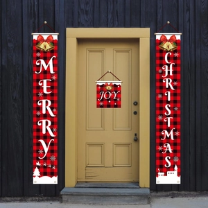 Christmas buffalo plaid porch banners featuring Merry Christmas and Joy signs decoration
