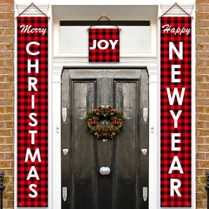 Christmas door banner set with red buffalo plaid Merry Christmas and Happy New Year signs