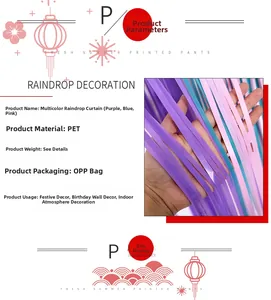 Detail of purple, blue, and pink PET foil fringe curtain for birthday party decoration