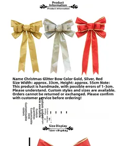 Detail of Christmas glitter bows in gold, silver and red, sized 33x55cm for tree decoration