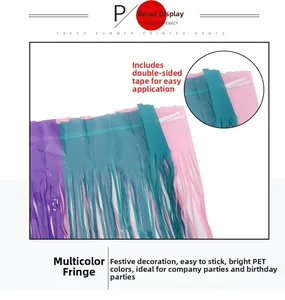 Detail of colorful PET tinsel curtains with double-sided tape for party wall decor