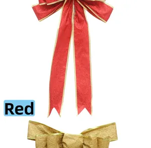 Close-up of glittery red and gold Christmas bows for festive holiday tree decoration
