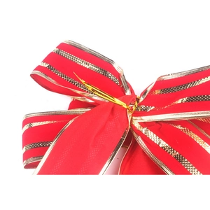 Red Christmas bow with gold glitter stripes for tree decoration 35x28cm festive ornament