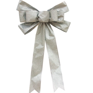 Sparkling silver glitter Christmas bow ornament with long ribbons for holiday tree decoration