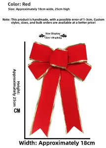 Detail of a 25cm red velvet Christmas bow with gold wire edges for tree decoration