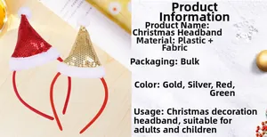 Detail showing Christmas headband with red and gold sequin hats and white plush trim