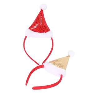 Detail of sequined mini Christmas hat headbands with plush trim in red and gold colors