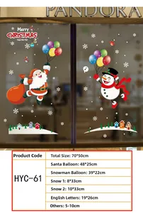 Detail view of PVC Christmas window stickers with Santa and snowman motifs including dimensions