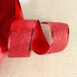Sparkling red glitter ribbon with metallic scalloped edges for Christmas tree decoration