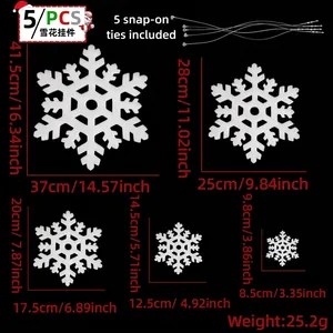 Detailed size chart for five white foam snowflake hanging ornaments in various dimensions