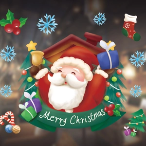 Detail of Christmas window stickers featuring Santa, snowflakes, and Merry Christmas banner