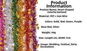 Detailed specs of 2m x 7cm Christmas heart tinsel garland with PET and wire material