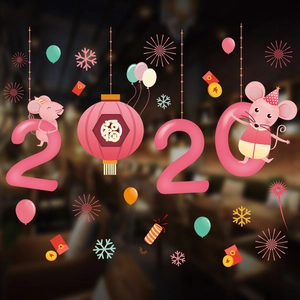 Detail view of festive Lunar New Year window stickers with red lanterns and mouse characters