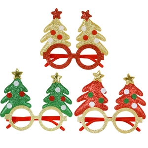 Three pairs of glittery Christmas tree glasses frames in red and gold for festive parties
