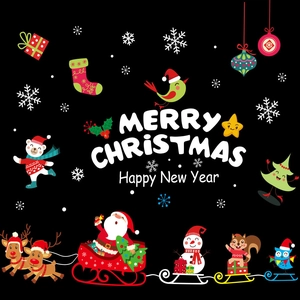 Christmas window decals with Santa sleigh, snowman and snowflakes on black background