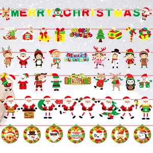 Cartoon Christmas paper hanging decorations set with Santa, reindeer, and festive banners