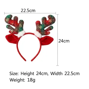 Detail showing dimensions of red plaid reindeer headband for Christmas party decor