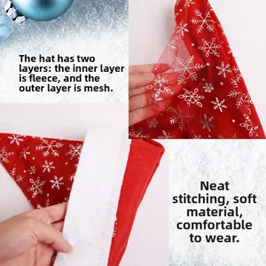 Detailed views of double-layer Santa hat featuring silver snowflake prints and soft plush brim