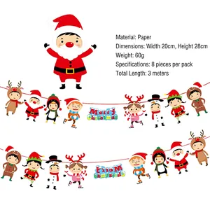 Cartoon Christmas paper banner set with Santa and Reindeer figures for party decor