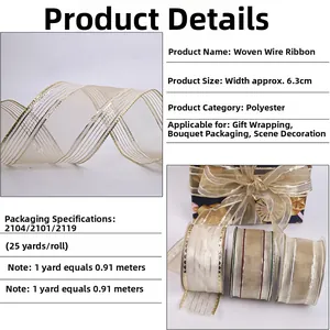 Detail of 6.3cm gold wire mesh ribbon showing polyester texture for DIY gift wrapping