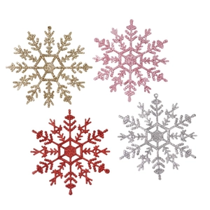 Set di quattro fiocchi di neve glitterati da 12cm in oro rosa rosso e argento natale