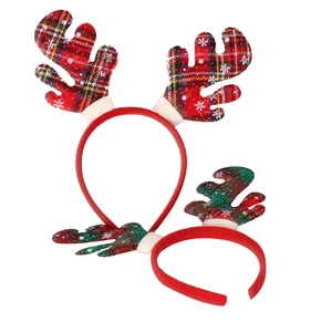 Detail of 2-pack Christmas elk headbands with red plaid antlers and white faux fur trim