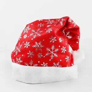Classic red Christmas hat featuring silver snowflake patterns and white plush trim decor