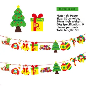Detailed view of paper Christmas banners featuring Santa Claus and reindeer ornaments