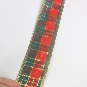 Ruban de Noël à carreaux écossais rouge et vert de 2M avec bordure dorée décorative