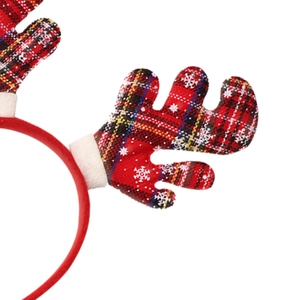 Detail of red plaid reindeer headband with white snowflake patterns and plush fur trim