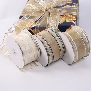 Christmas Wire Edge Decorative Ribbon Polyester Sheer Metallic Striped Ribbon For Holiday Gift Wrapping Party Decor DIY Crafts