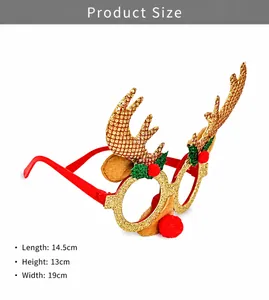 Detailansicht der goldenen Rentier-Weihnachtsbrille mit Maßen: 14,5 cm breit und 13 cm hoch