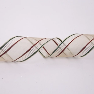 Beige Christmas wired ribbon with red and green stripes and gold metallic threads