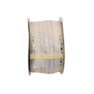 Champagne gold wired Christmas ribbon with sheer mesh texture for DIY holiday decor